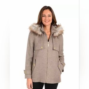 Kensie Taupe Faux-Fur Hooded Tweed Jacket